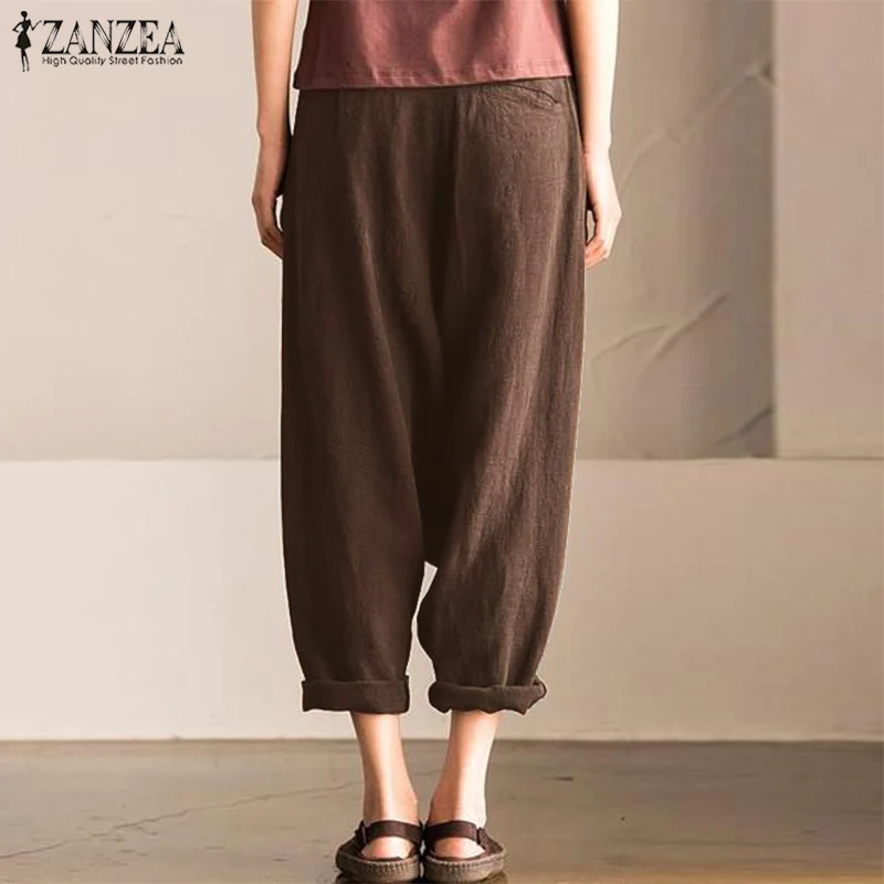 Casual Drop-Crotch Trousers Womens Pants Autumn ZANZEA Vintage Elastic Waist Harem Pant Female Long Pantalon Palazzo 5XL