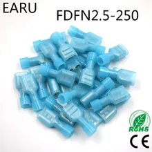 Cabo conector de fio, FDFN2-250 FDFN2.5-250 nylon latão feminino isolado spade cabo de junta conector 100 peças terno 1.5-2.5mm2 16-14awg fdfn plug