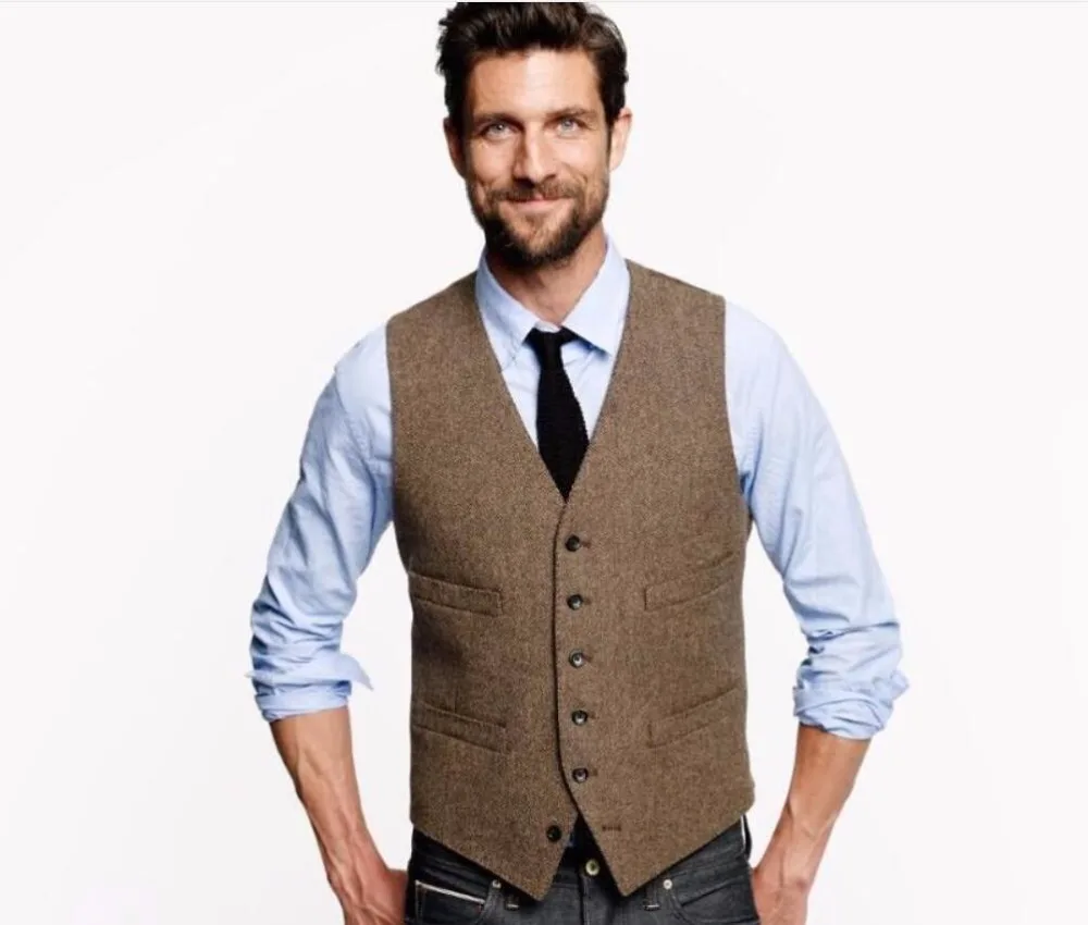 Vintage Brown Wool Tweed Vests Slim Mens Suit Vests Custom Made