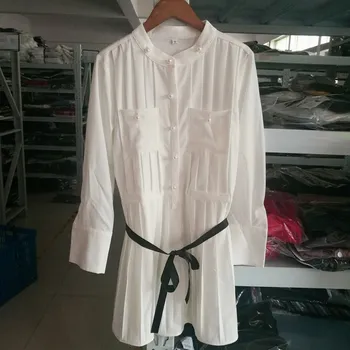 

Women Pleated Mini Dress Long Sleeve Beading Casual Loose Ladies Dress Robe Shirt Dress Vestidos
