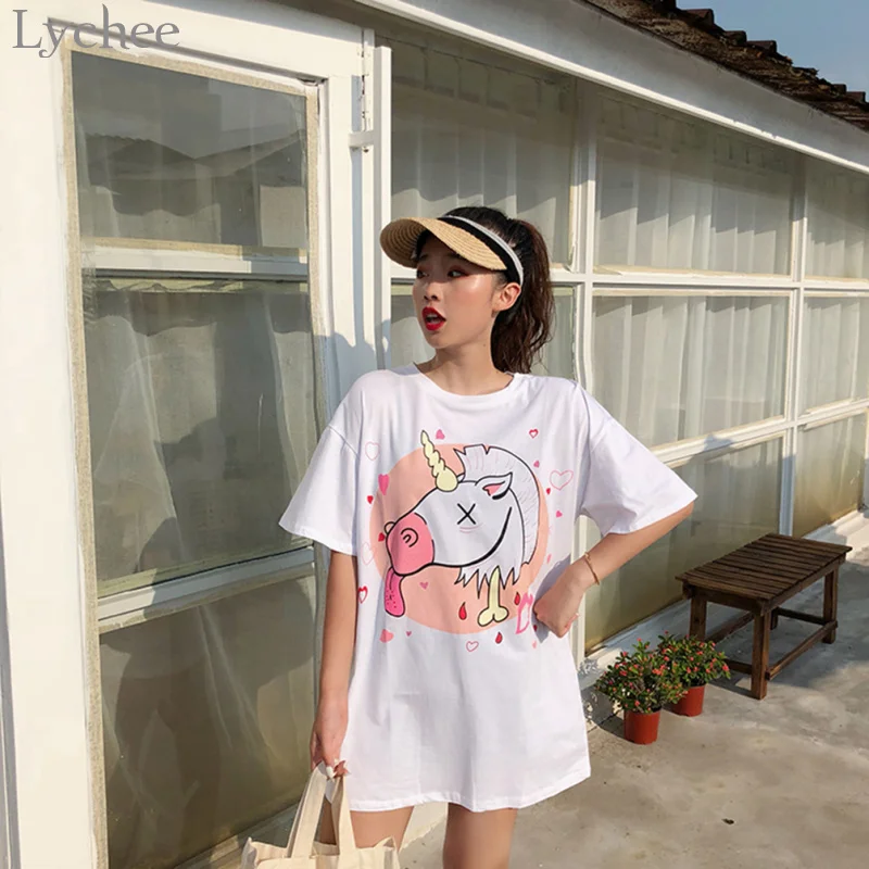 Личи Kawaii единорог с принтом в виде сердца летняя футболка для девочек