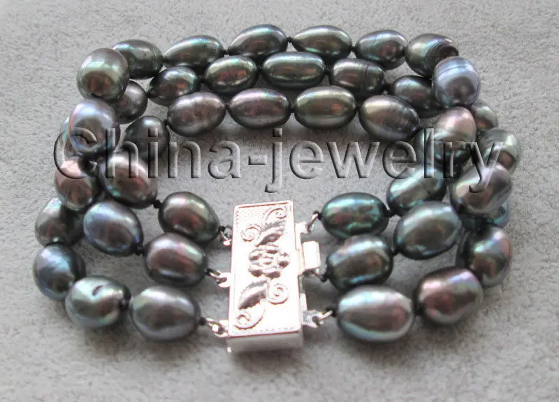 

hot sale FREE SHIPPING ****8" 3row 12mm peacock green baroque rice freshwater pearl bracelet - gold plated