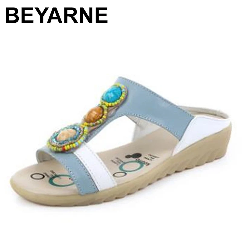

BEYARNE leather flat slippers female non-slip soft bottom sandals summer new fashion outside the end of beef tendon sandals