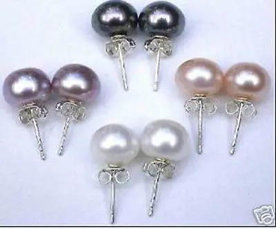 

Hot sell Noble- FREE SHIPPING 4pair Multicolor fresh water pearl Stud Earrings 8mm A0422