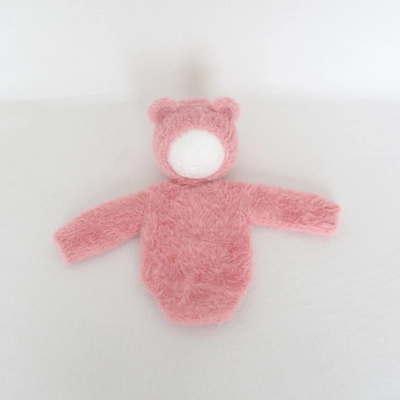 

Pink Teddy Bear Bonnet Long Sleeve Romper Full Set Newborn Fuzzy Animal Hat Knitted Baby Diaper Romper Outfit Photography Props