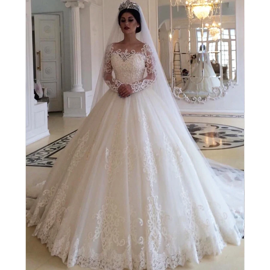 White Ivory Bridal Ball Gown Wedding Dresses Long Sleeve Lace Applique Princess 