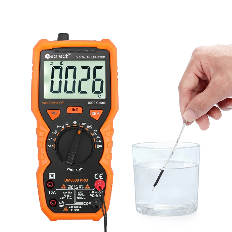 

Neoteck 6000 Counts Digital Multimeter True RMS Auto Range Voltage Resistance Capacitance Frequency Temperature NCV Meter AC DC