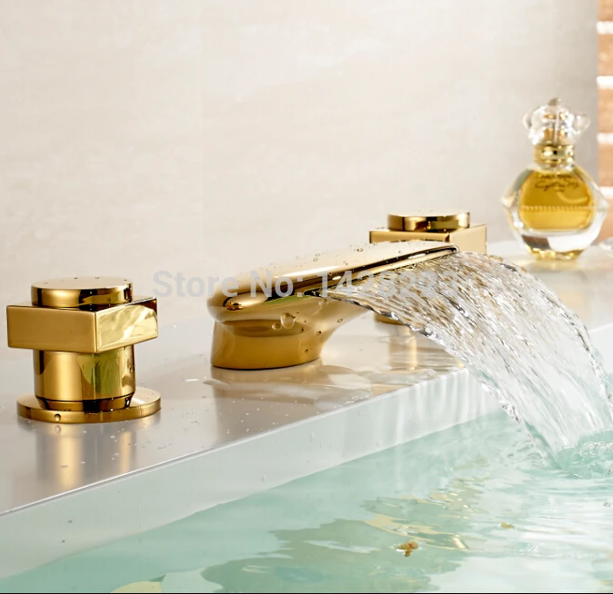 

Polished Gold Deck Mounted Bathroom Sink Faucet Waterfall Spout Dual Handles Three Holes