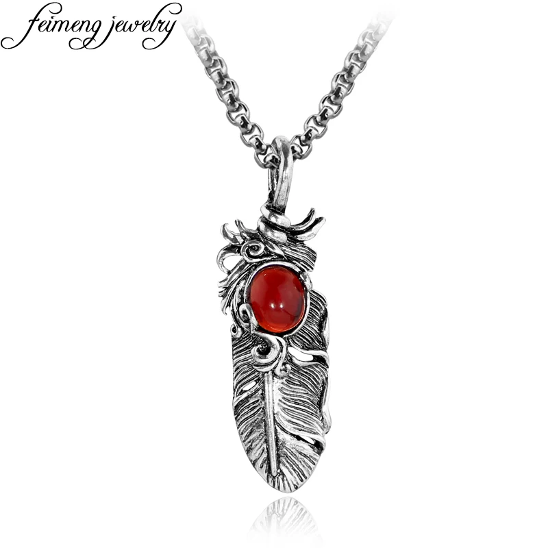 Punk Rock Personality Feather Necklace Retro Silvery Red Crastal