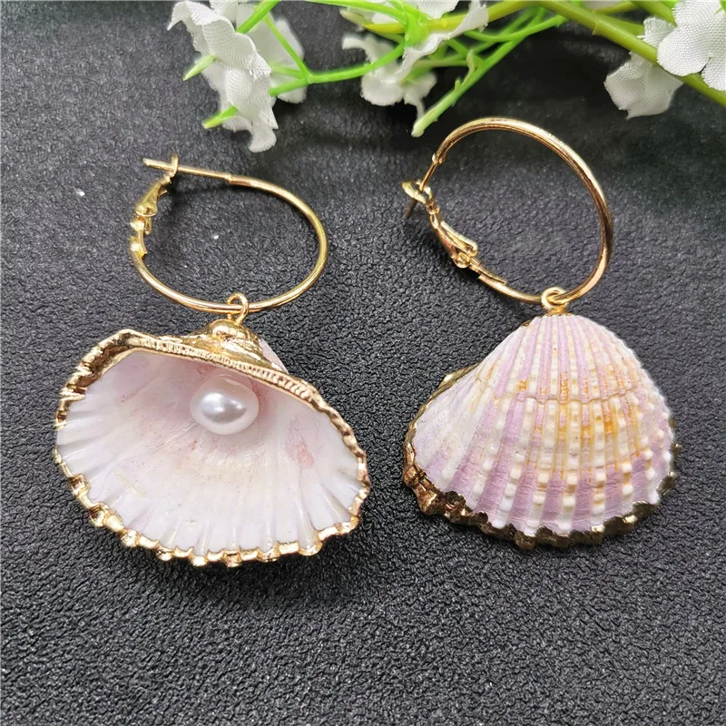 

Fashion White Purple Cowrie Shell Drop Earring for Women Gold Color Circle Geometric Statement Earrings Imitation Pearls Jewelry
