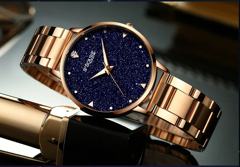 

S2SQURE Blue Sandstone Sparkling Women Watch Full Steel Diamond Bracelet Fashion Lucky Watch Women Orologi Donna