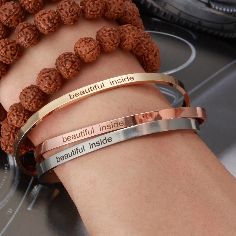 Beautiful inside 4mm Stainless Steel Bangle Engraved Positive Inspirational Quote Cuff Mantra