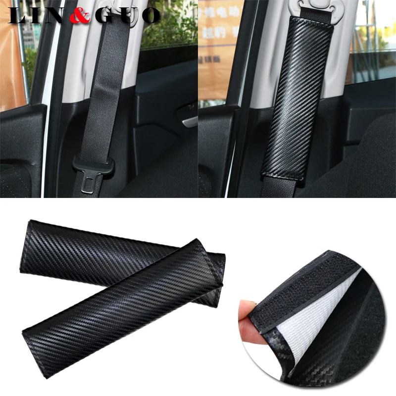 2PCS Universal Car Seat Belts Covers Carbon fiber Leather Black Auto ...