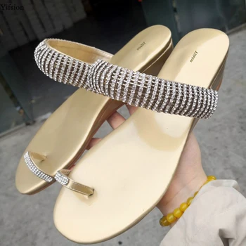 

Olomm New Women Summer Wedges Mid Heels Slippers Outside Slippers Open Toe Gorgeous Gold Dress Shoes Women US Plus Size 4-15