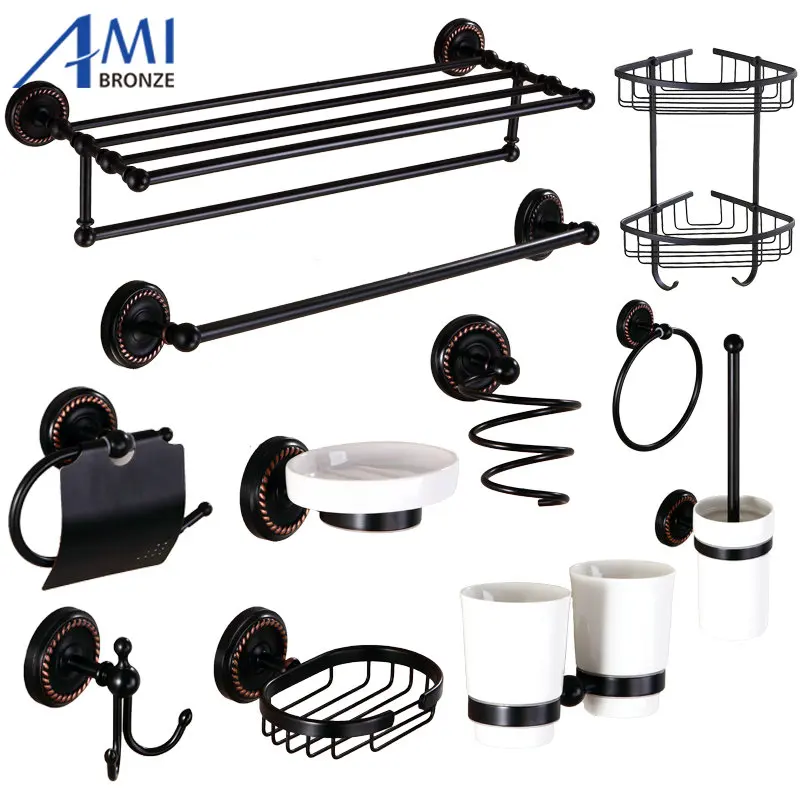 

Oil Black Copper Bathroom Accessories Bath Towel Rack Towel Bar Paper Holder Soap Dish Hook Cup Holder BS13