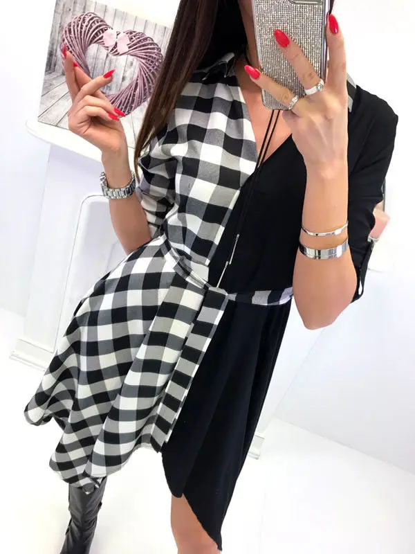 New Womens V-Neck Check Dress Long Sleeve Sashes Loose V Neck Plaid Tops Casual Sexy Mini Dress