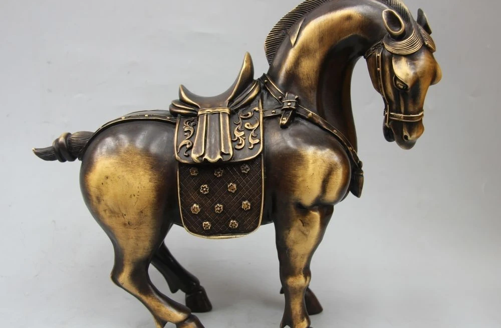 

11"Chinese Fengshui Bronze Zodiac Year Tang War Horse Successful Statue sculptur