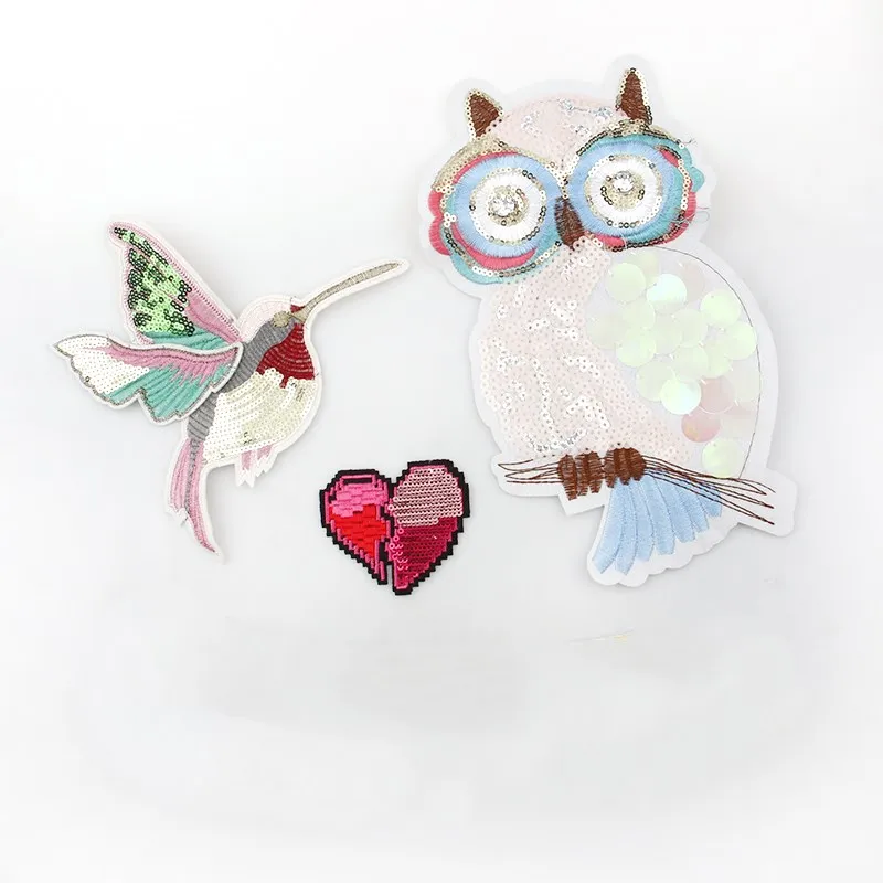 

1Pc Embroidery Sequins Patch Non-woven Clothing Owl&Heart&Bird sew On Patches Punk Motif Applique DIY Wedding Dress Accessory