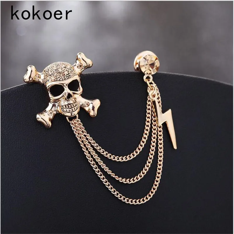 Punk Luxury Rhinestone Skull Men Brooches Skeleton Badge Chain Tassel