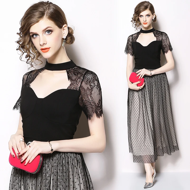 

New 2019 Summer Women Short Sleeve Choker Sexy Deep V Neck Backless Lace Patchwork Dot Mesh Dress Female Party Long Dress