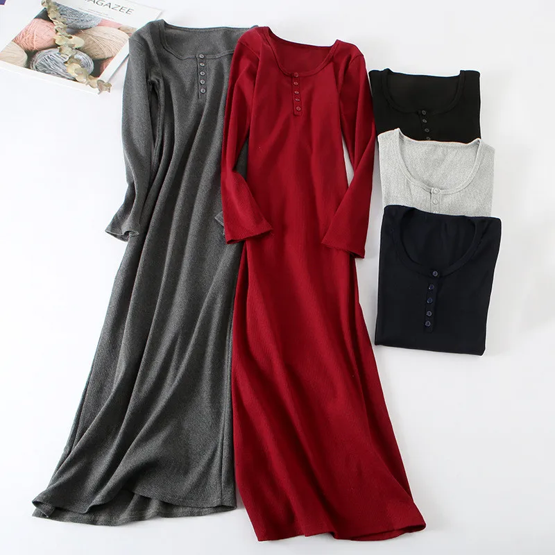 

Autumn Winter Long Dress Women Warm Button Long Sleeve Maxi Dress Female Elegant Slim Oversize Basic Dresses Party Vestidos