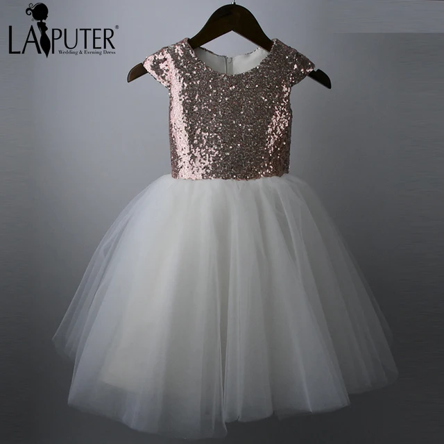 white and rose gold flower girl dress