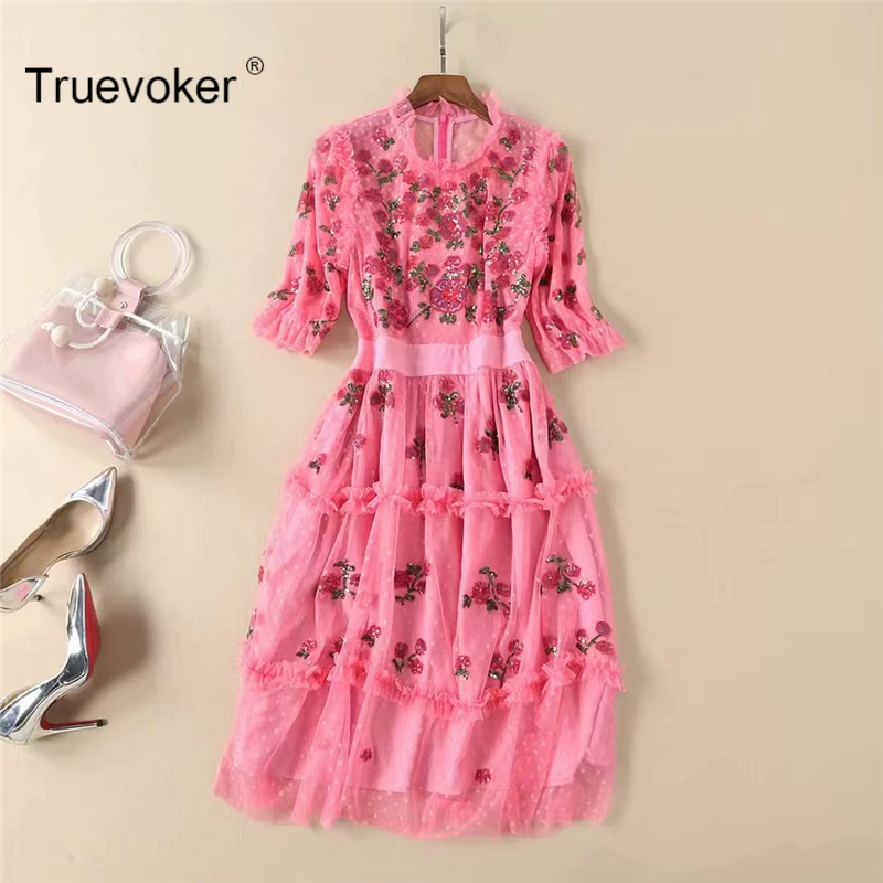 

Truevoker Europe Designer Vestido Women's High Quality Gorgeous Sequins Rose Pink Lace Knee Length Robe Femme Ete Party Dress
