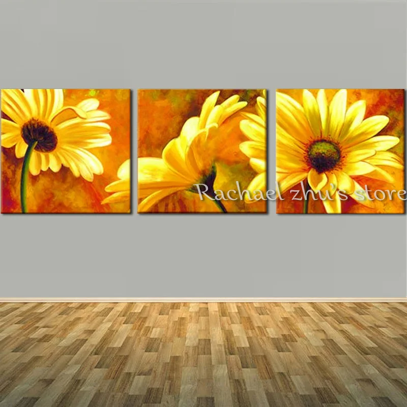 

Hand Painted Yellow Daisy Flower Oil Painting On Canvas Three Panles Flower Paintings Wall Picturers For Living Room Home Decor