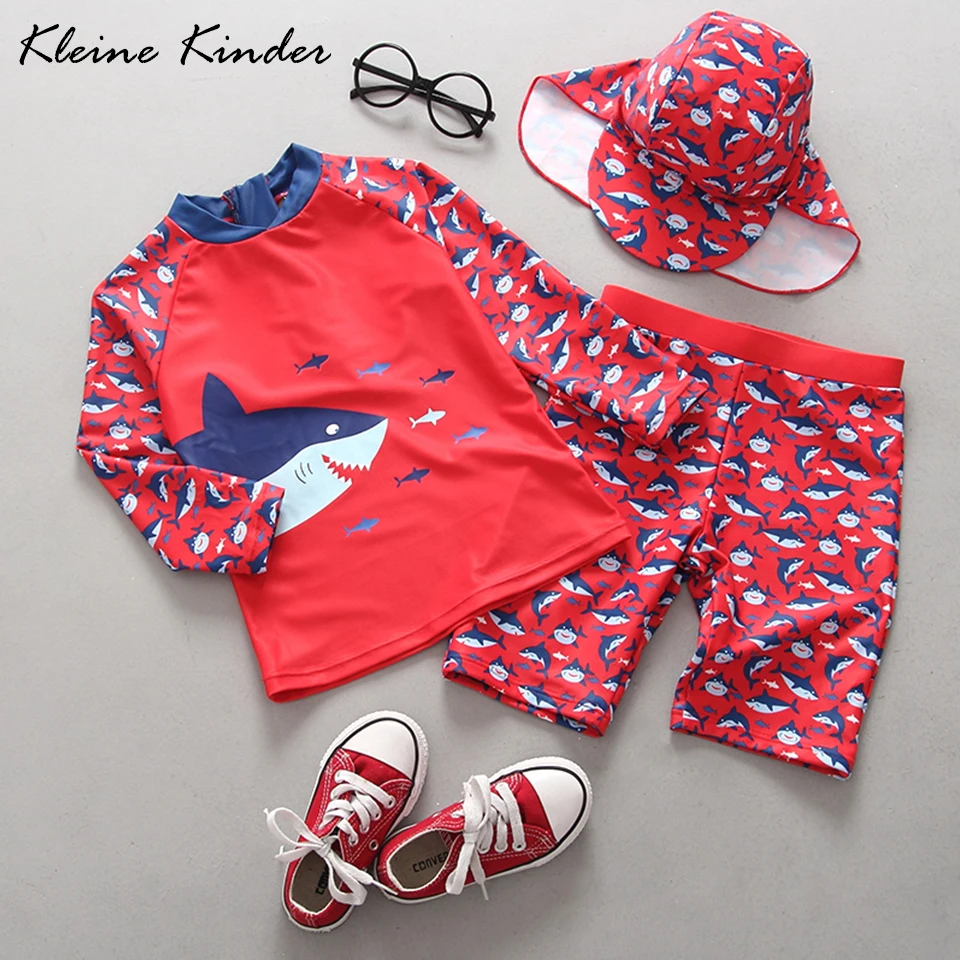 Детский купальный костюм с рисунком акулы для мальчиков, купальный костюм с защитой от солнца(UPF50+), купальный костюм из двух предметов с длинными рукавами для детей, купальные костюмы