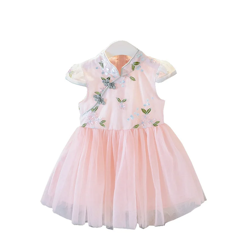Детские платья для девочек; коллекция года; Чонсам Королевский платье для маленьких девочек; летнее Сетчатое кружевное платье с цветочной вышивкой для маленьких девочек; одежда