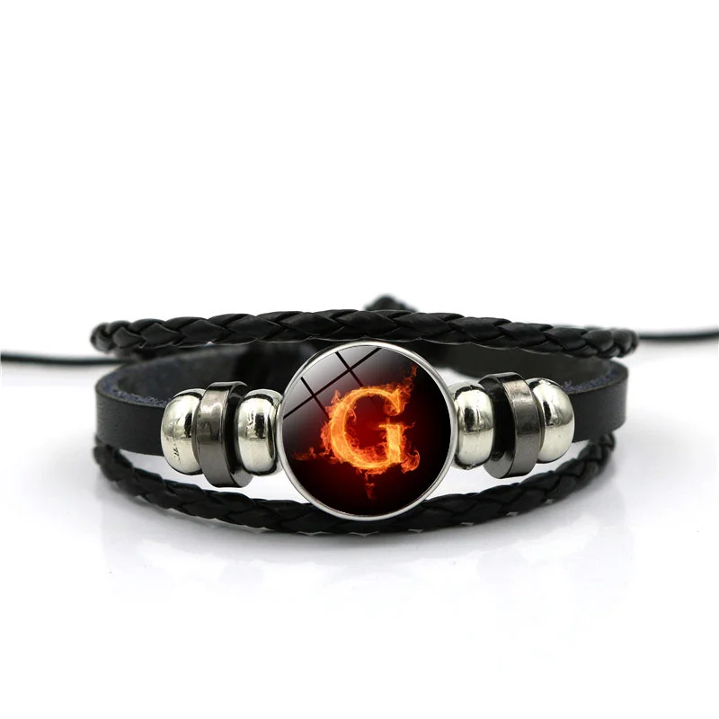 Flame A-M Letters Bracelet PersonalityTeam Name Rope Bracelet Black Leather Bracelet Men Women Fashion - Окраска металла: 7