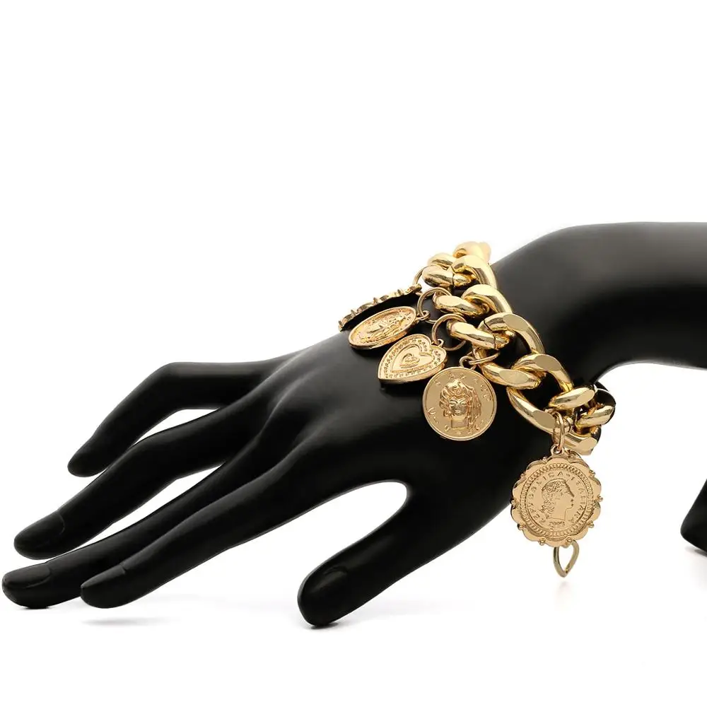 JShine преувеличенный хип-хоп монета с портретом Подвески Браслет Панк модные ювелирные украшения манжеты Толстая ручная цепочка женский браслет - Окраска металла: Gold Color