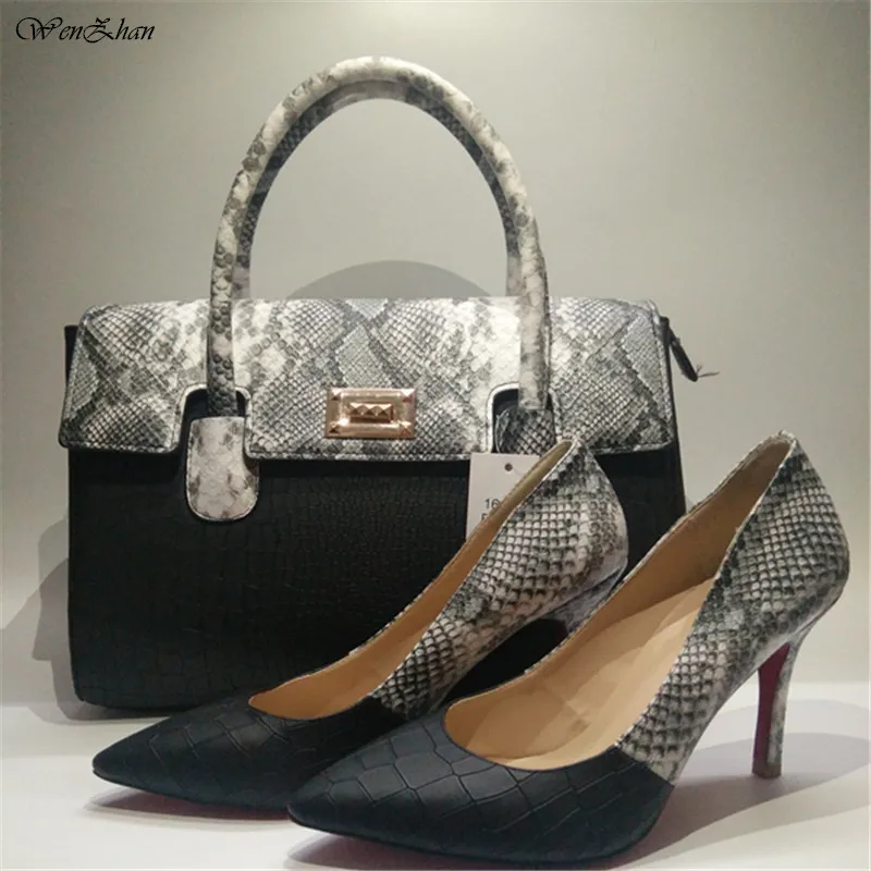 

Elegant Black Mixed Snake Leather High Heel Shoes With Handbag Sets Good Quality Hot Selling!In Many Colors WENZHAN A811-20