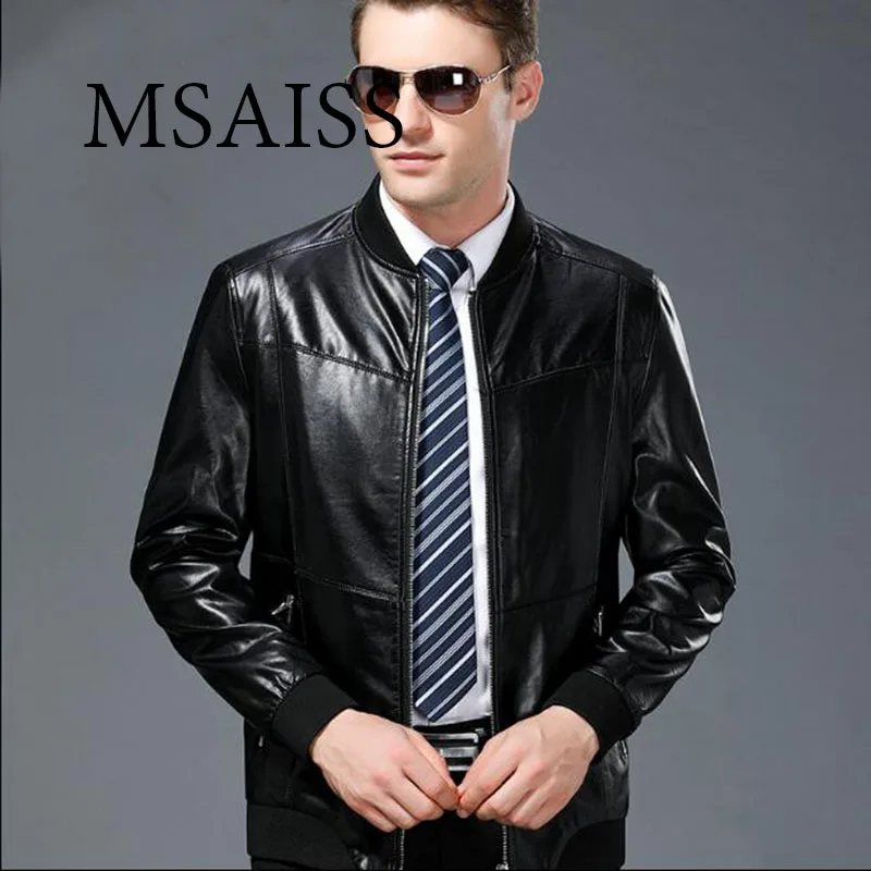 MSAISS зимняя мужская куртка из натуральной овечьей кожи среднего возраста, классическое деловое повседневное мужское кожаное пальто - Цвет: Черный