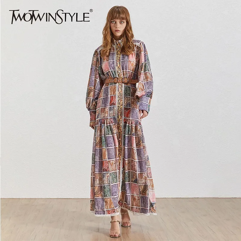 

TWOTWINSTYLE Summer Vintage Print Women Dress Stand Lantern Sleeve High Waist Hit Color Maxi Dresses Female Fashion 2019 New