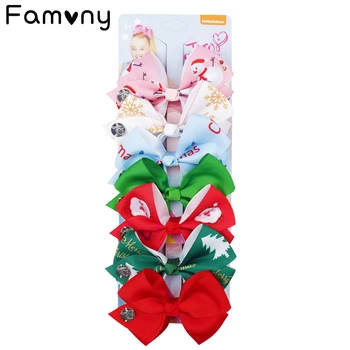 

7Pcs/Set 4.5" Girls Christmas Hair Bows With Alligator Hairclips Santa Claus Printed Bows For Kids Girls Hair Accessories