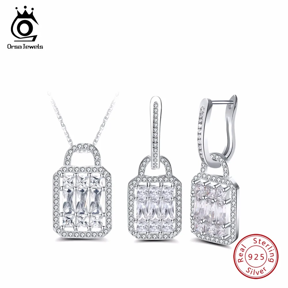 

ORSA JEWELS Real 925 Women Sterling Silver Jewelry Sets AAA Cubic Zircon Trendy Lock Shape Anniversary Necklace Earring Set SS05