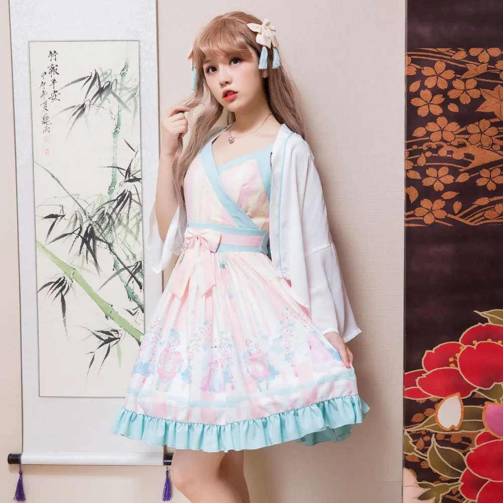 

New 2019 women dress slim Retro Lolita female printing dress Chinese style Fresh Printed Two-piece Dresses LZJ-L010