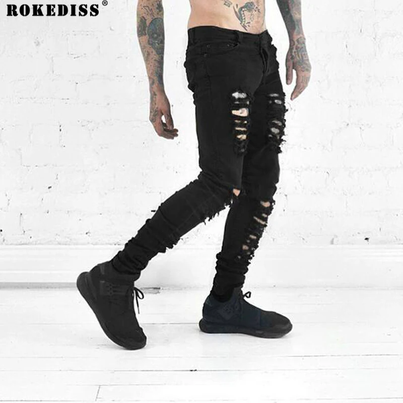 New mens Stretch cotton ripped distrssed black skinny jeans pants Man fashion hip hop swag