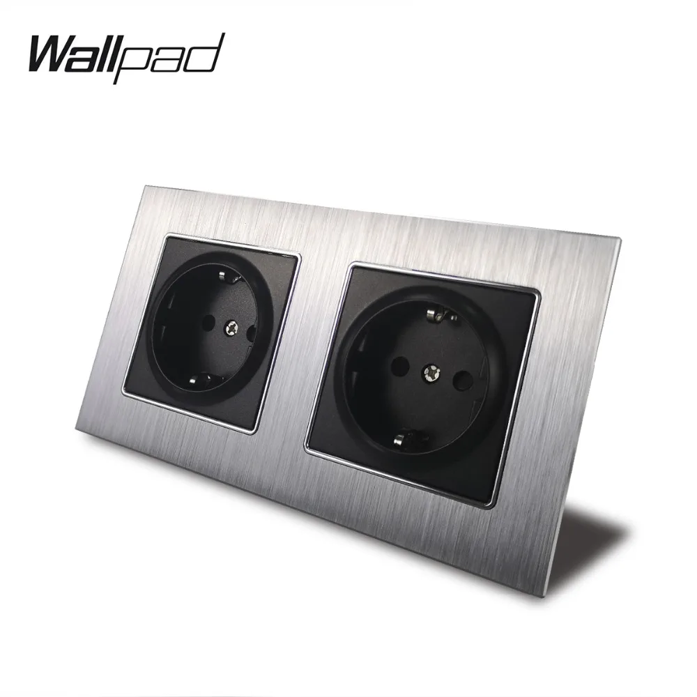 

Metal Double EU Outlet Socket with Claws Back Wallpad 156*86mm Silver Satin Metal Panel 16A Wall Schuko EU Power Wall Socket