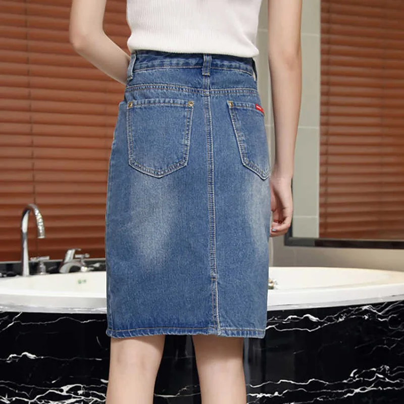 VANGULL Women High Waist Jean Skirt Spring Summer Korean New Blue Color slim wild after split end Knee-Length Denim Skirt