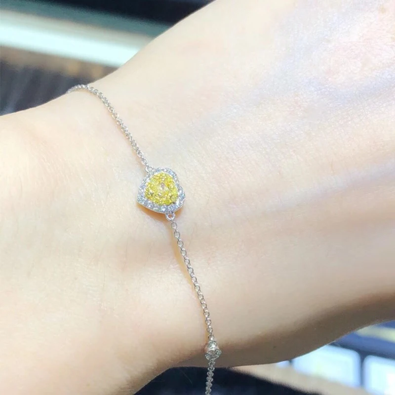

ANI 18K White Gold (AU750) Women Bracelet SI Certified 0.289 Carat Real Natural Yellow Diamond Jewelry Heart Shape Halo Bracelet