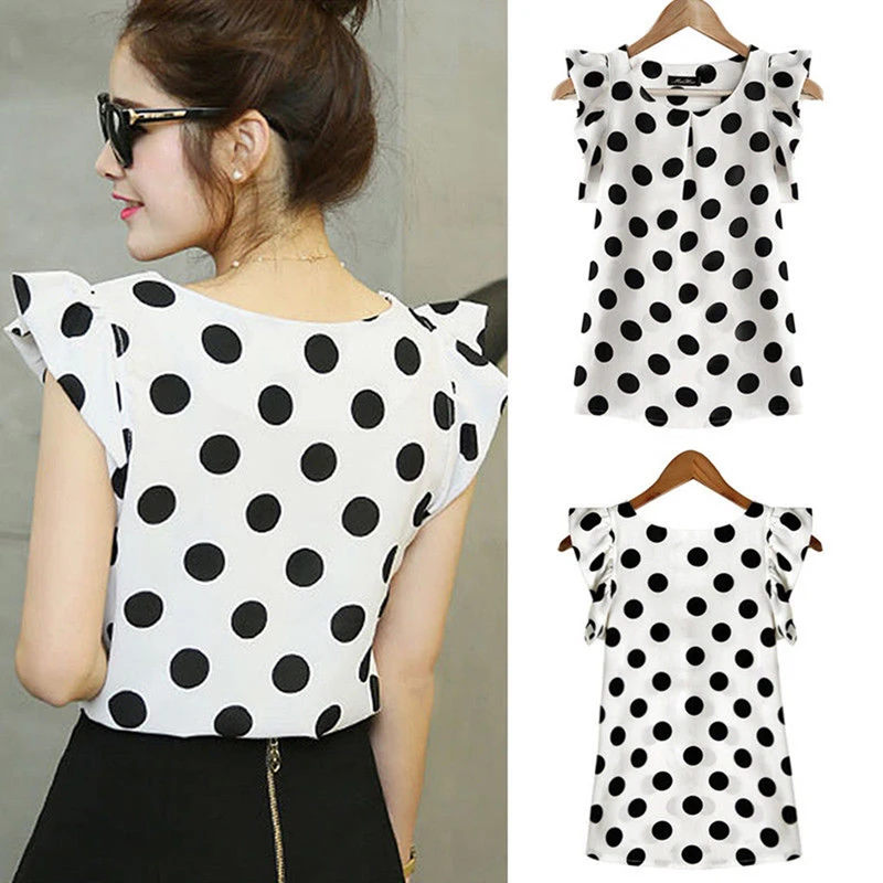 Womens Polka Dot Chiffon Shirt Summer Loose Tops Ladies