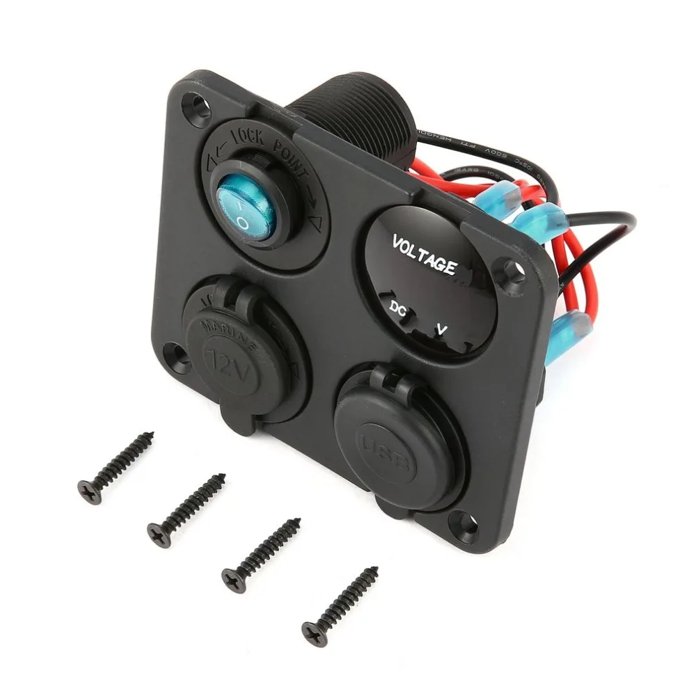 

Dual USB Ports Car Charger + LED Voltmeter + 12V Power Socket + On-Off Switch 4 in 1 Car Marine Boat LED Switch Panel