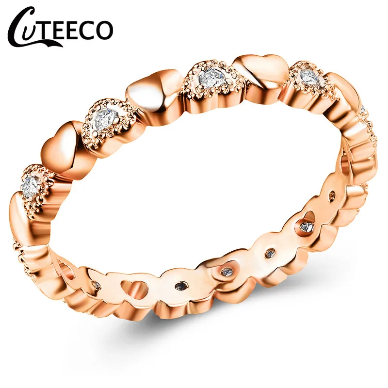 CUTEECO роскошные розовое золото с цирконием в виде сердец обручальные кольца для женщин Хрустальные Обручальные Кольца Ювелирные изделия Подарки Anillos - Цвет основного камня: Rose Gold