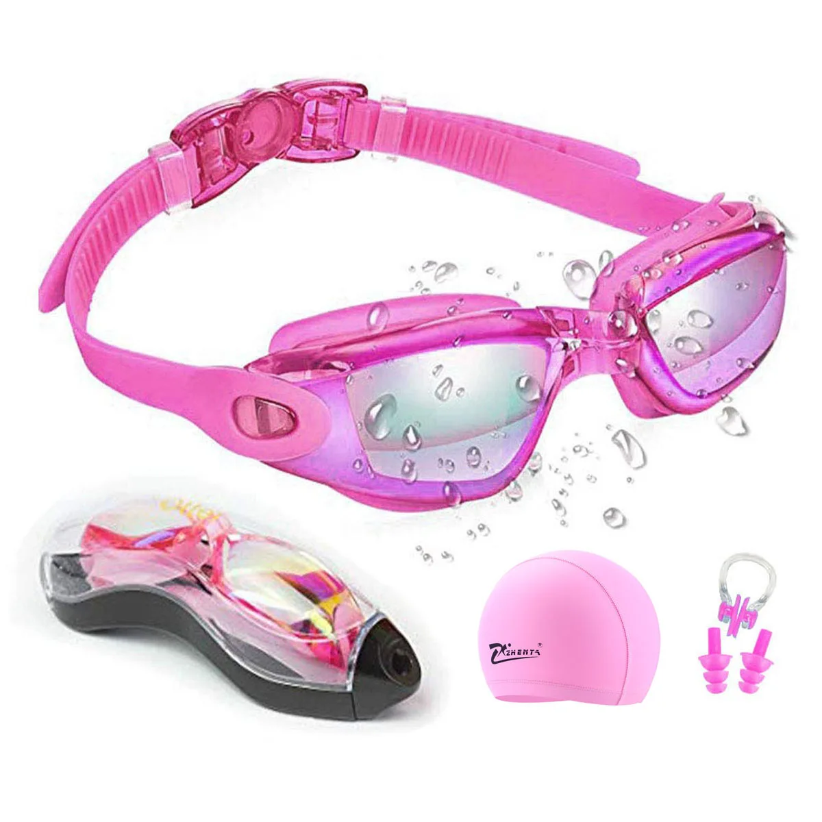 Swim Goggles Anti-fog UV Swim Caps Professional Silicone Swimming Glasses Case Nose Earplug Kids Men Women Diving Eyewear