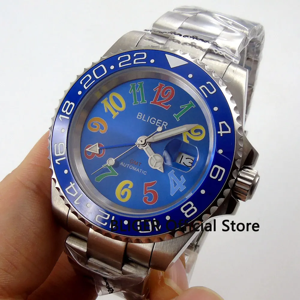 

Sapphire Crystal BLIGER 40mm Blue Dial Blue Ceramic Bezel GMT Function Luminous Pointer Automatic Movement Men's Watch B58