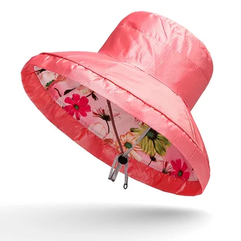 

Women's Flat Top Reversible Sun Hat with Floral pattern Chin strap Wide brim Folding Sunscreen Beach Hat Large Portable Sombrero
