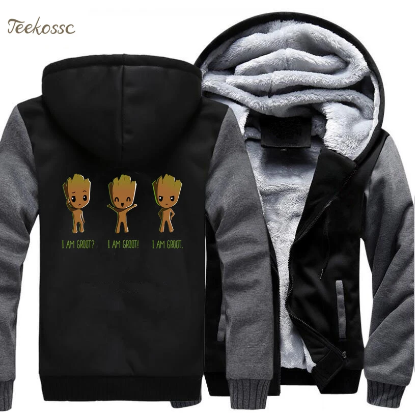 I Am Groot Hoodie Men Baby Groot Hooded Sweatshirt Coat 2018 Winter Warm Fleece Thick Zipper Funny Super Hero Cool Jacket Homme