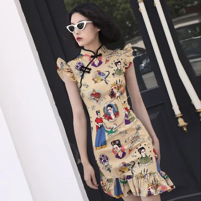 Винтажный принт, современный креативный дизайн, Cheongsam, модное летнее платье для девочек - Цвет: Многоцветный